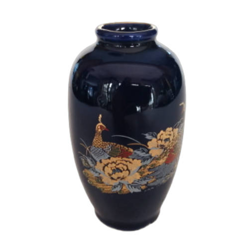 Oriental Porcelain Kutani Cobalt Blue Vase Peacocks and Gold and Pink